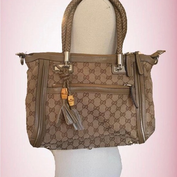 Authentic GUCCI Bamboo Tassel Bella 2Way Hand Bag GG Canvas Leather - Picture 3 of 14